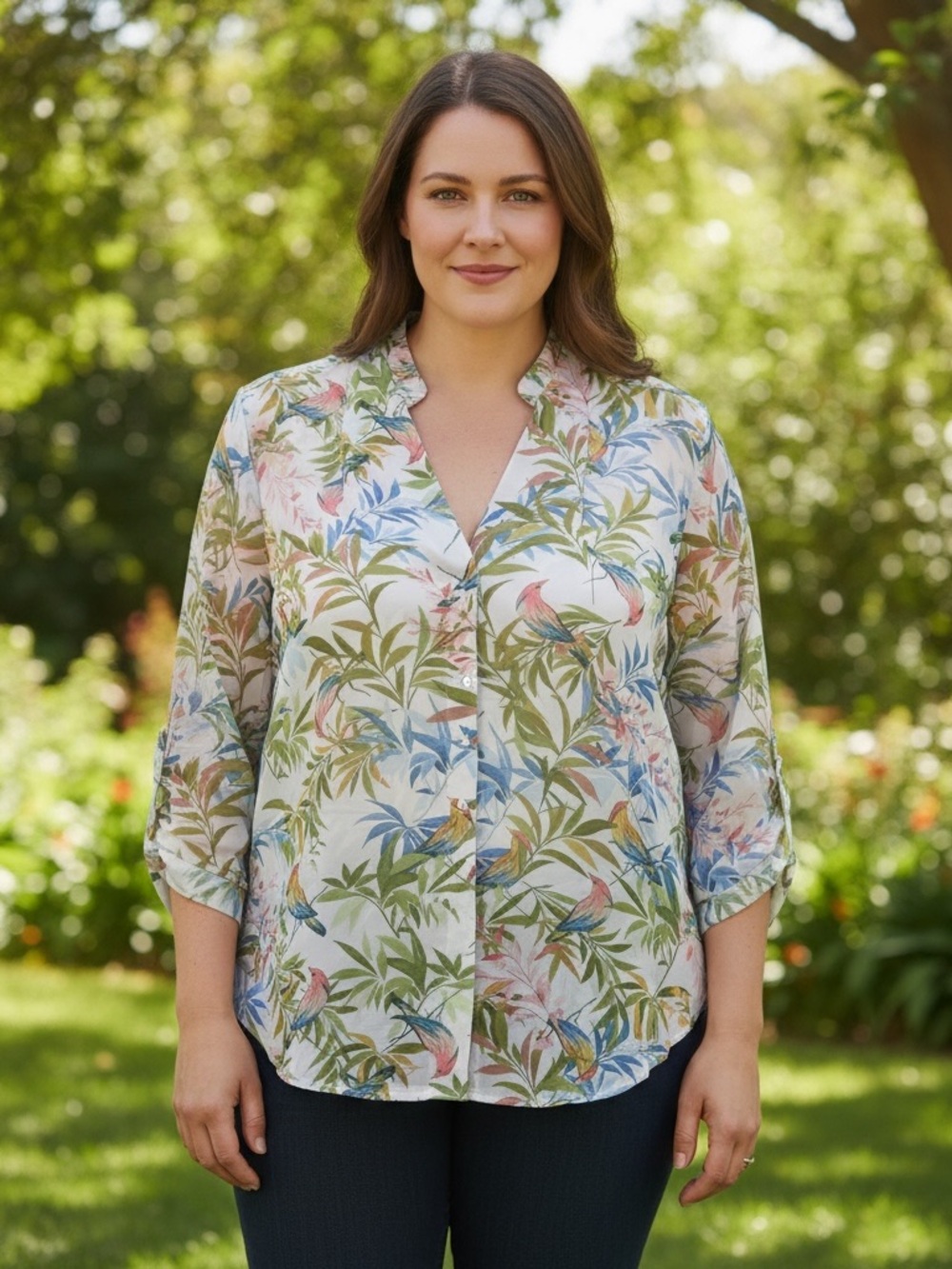 Floral Print Semi-Sheer Button-Front Top